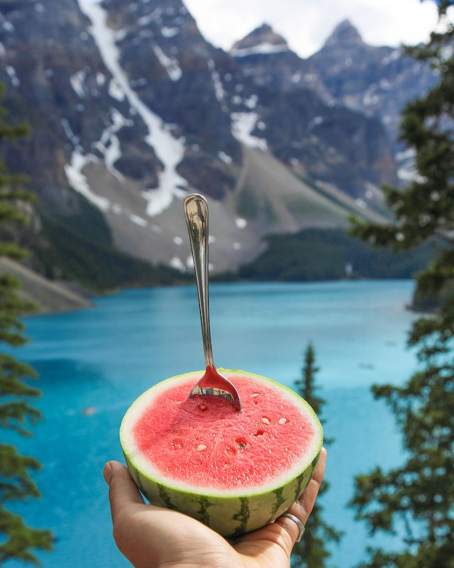 red watermelon - Moraine Lake, Canada